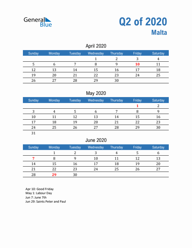 Malta Q2 2020 Quarterly Calendar with Sunday Start