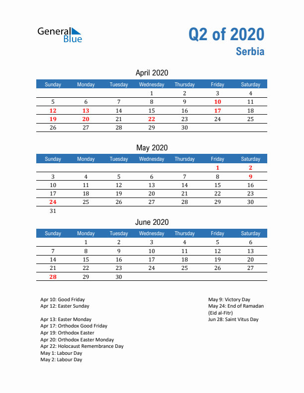 Serbia Q2 2020 Quarterly Calendar with Sunday Start