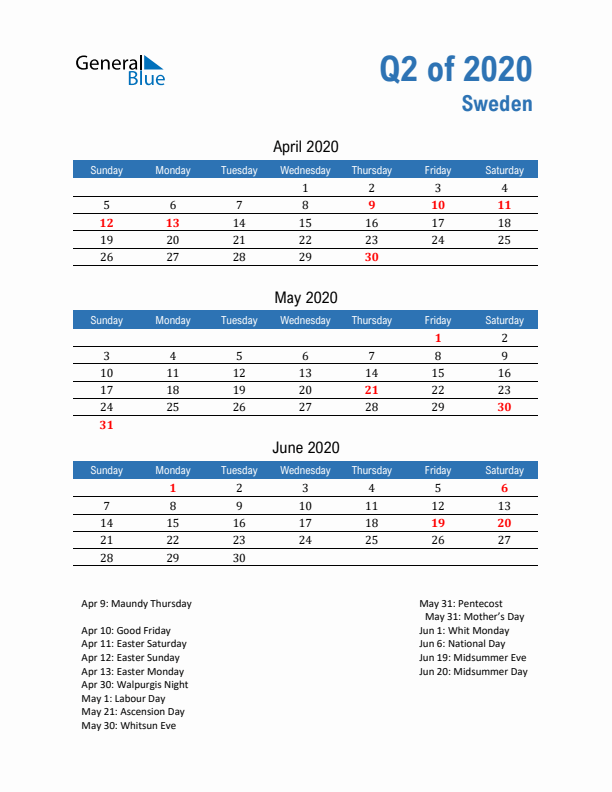 Sweden Q2 2020 Quarterly Calendar with Sunday Start