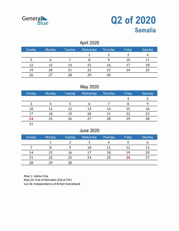 Somalia Q2 2020 Quarterly Calendar with Sunday Start