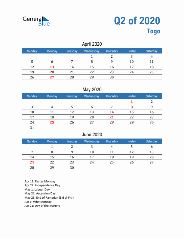 Togo Q2 2020 Quarterly Calendar with Sunday Start