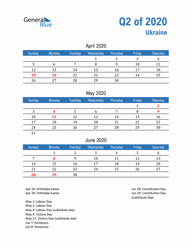 Ukraine Q2 2020 Quarterly Calendar with Sunday Start