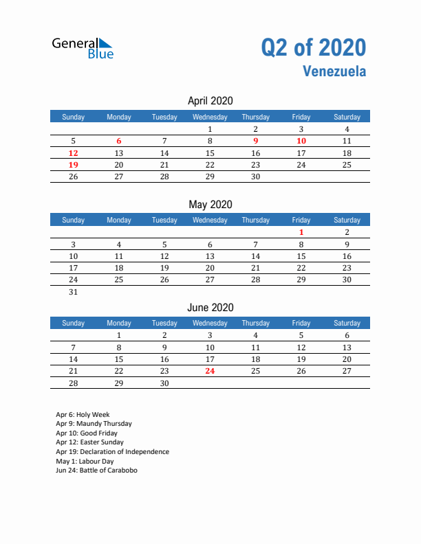 Venezuela Q2 2020 Quarterly Calendar with Sunday Start