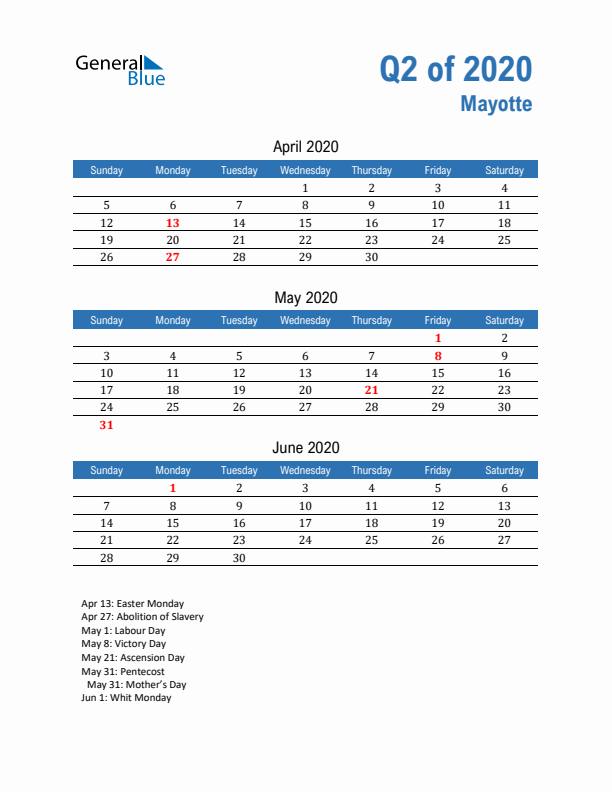 Mayotte Q2 2020 Quarterly Calendar with Sunday Start