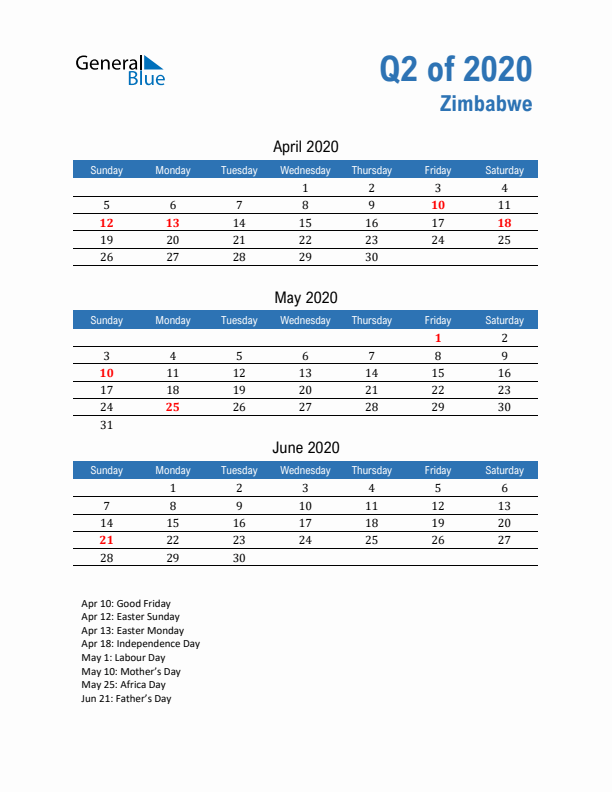 Zimbabwe Q2 2020 Quarterly Calendar with Sunday Start