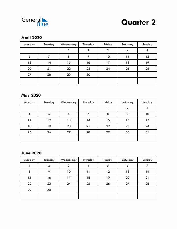 Quarter 2 2020 Calendar - Monday Start