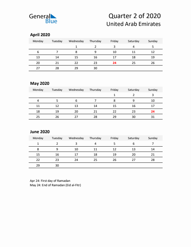 2020 Q2 Three-Month Calendar for United Arab Emirates