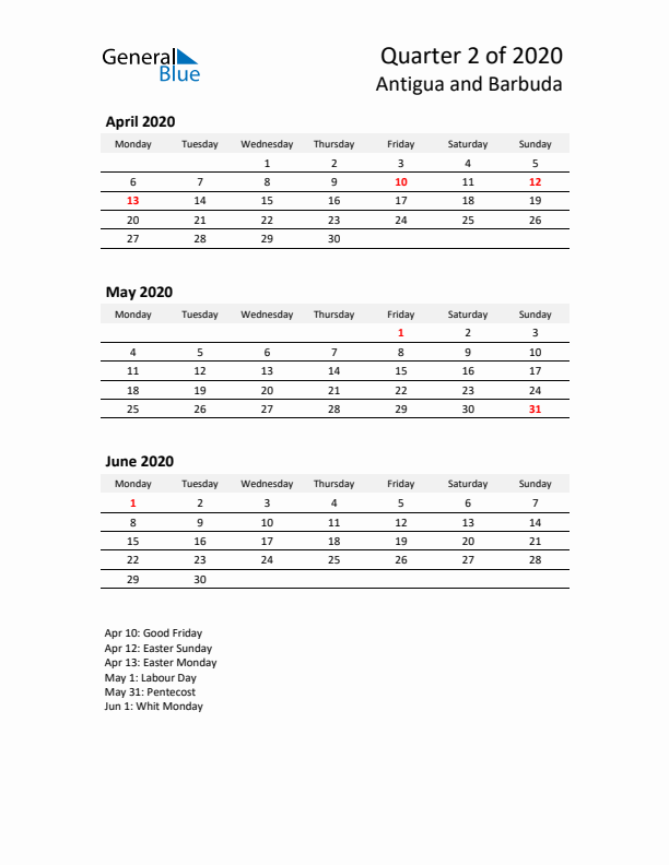 2020 Q2 Three-Month Calendar for Antigua and Barbuda