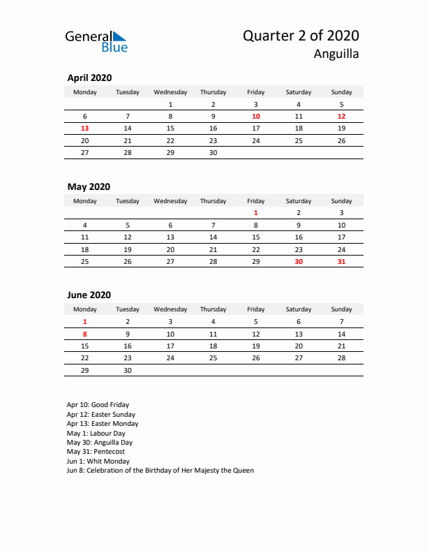 2020 Q2 Three-Month Calendar for Anguilla