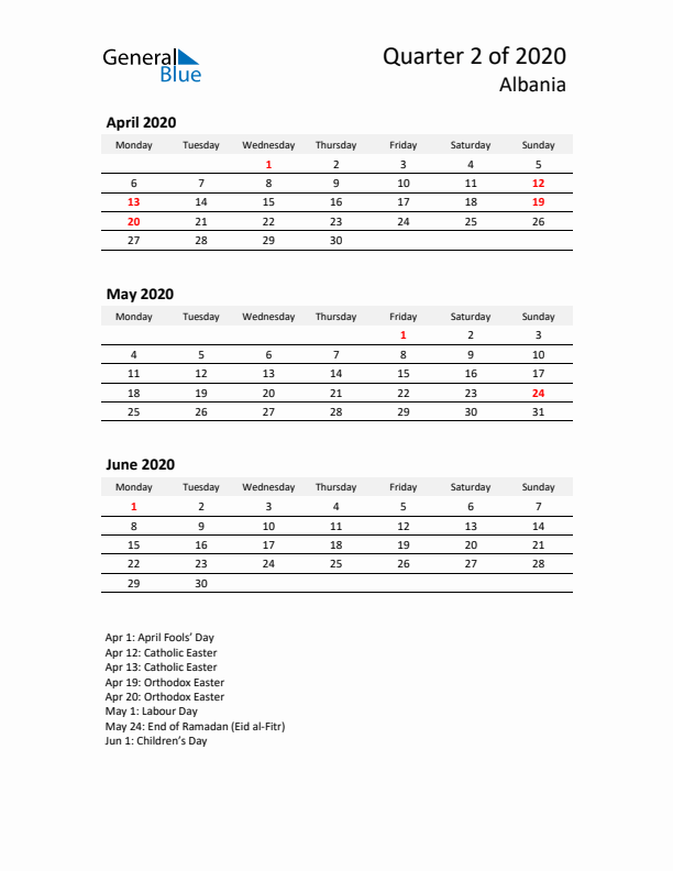 2020 Q2 Three-Month Calendar for Albania