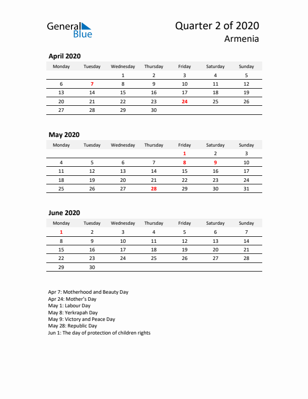 2020 Q2 Three-Month Calendar for Armenia