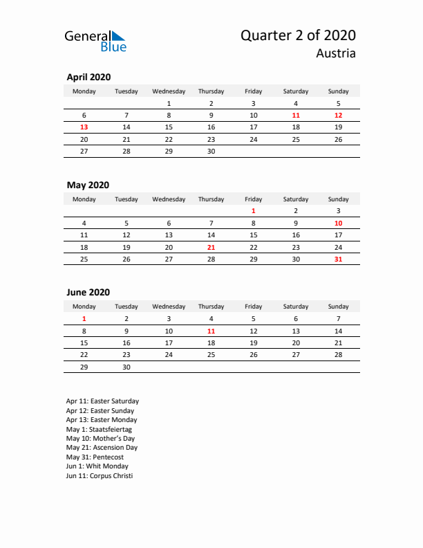 2020 Q2 Three-Month Calendar for Austria