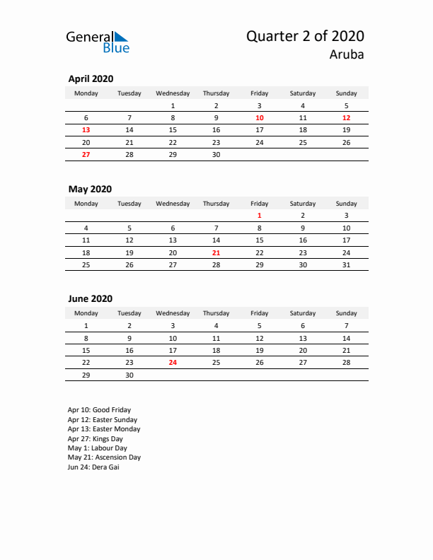 2020 Q2 Three-Month Calendar for Aruba