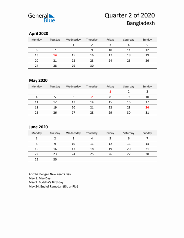 2020 Q2 Three-Month Calendar for Bangladesh