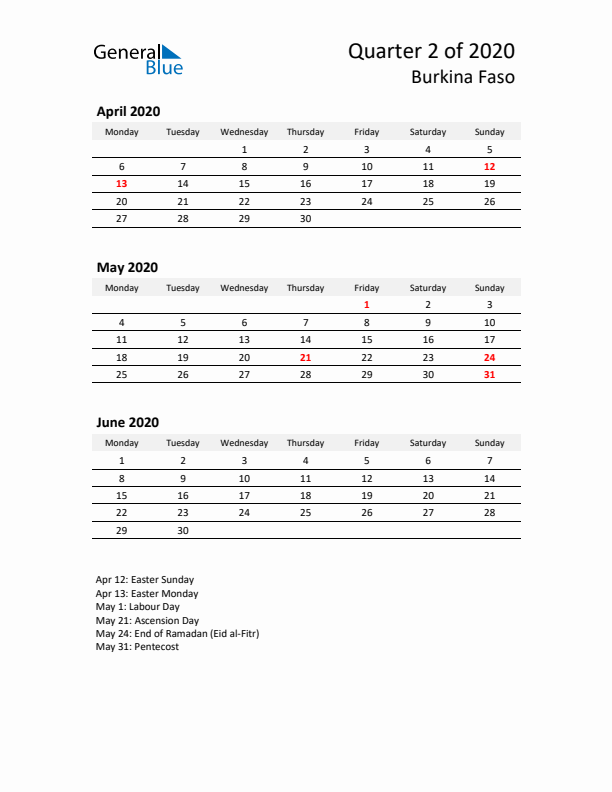 2020 Q2 Three-Month Calendar for Burkina Faso