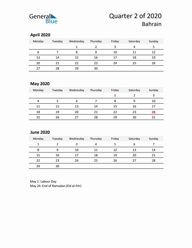 2020 Q2 Three-Month Calendar for Bahrain