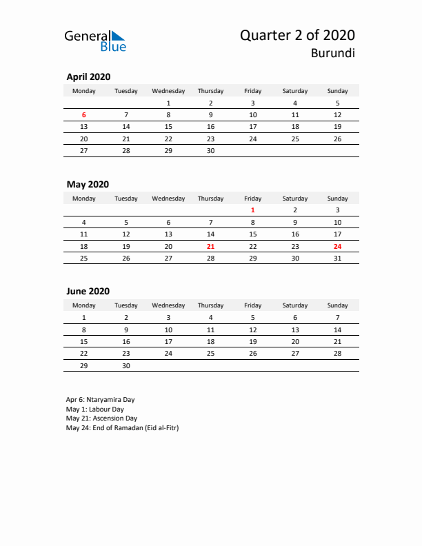 2020 Q2 Three-Month Calendar for Burundi