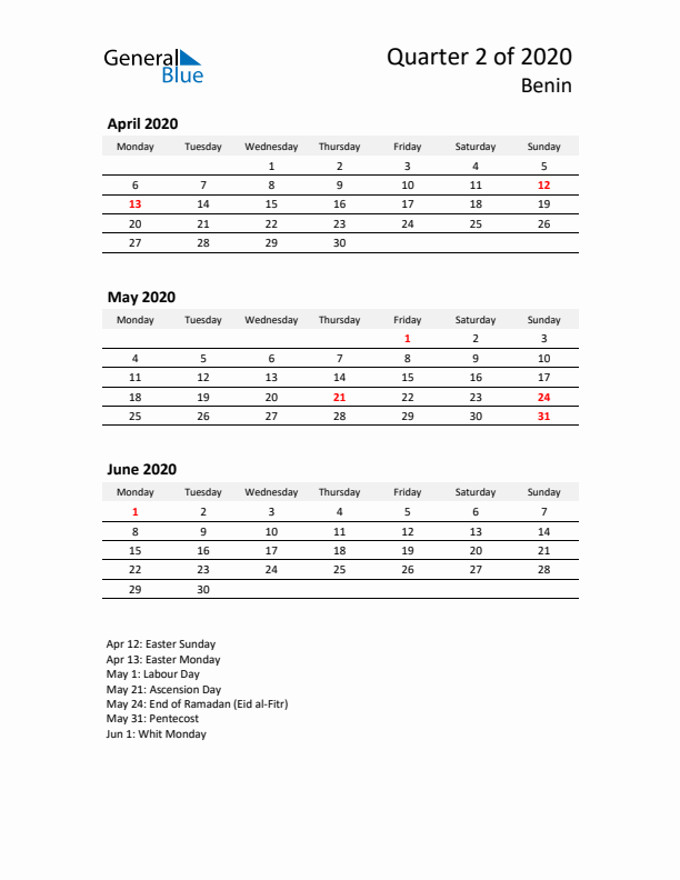 2020 Q2 Three-Month Calendar for Benin