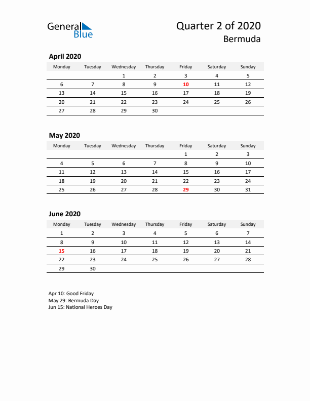 2020 Q2 Three-Month Calendar for Bermuda