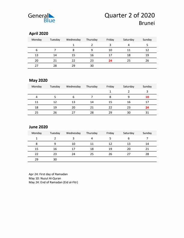 2020 Q2 Three-Month Calendar for Brunei