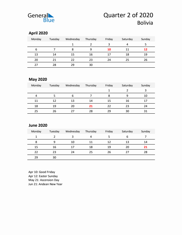 2020 Q2 Three-Month Calendar for Bolivia