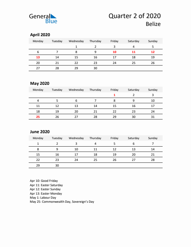 2020 Q2 Three-Month Calendar for Belize