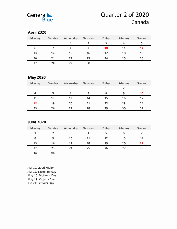 2020 Q2 Three-Month Calendar for Canada