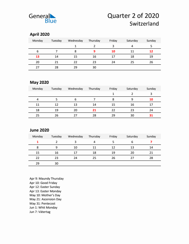 2020 Q2 Three-Month Calendar for Switzerland