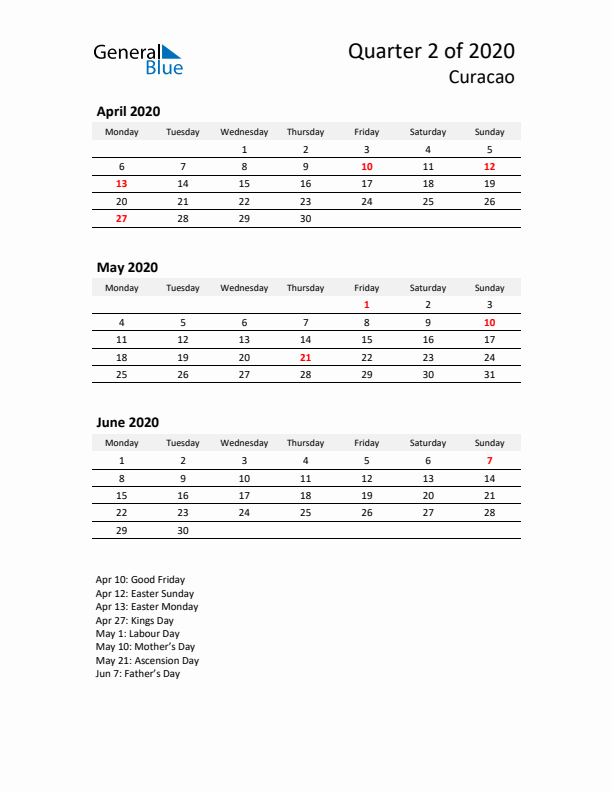 2020 Q2 Three-Month Calendar for Curacao