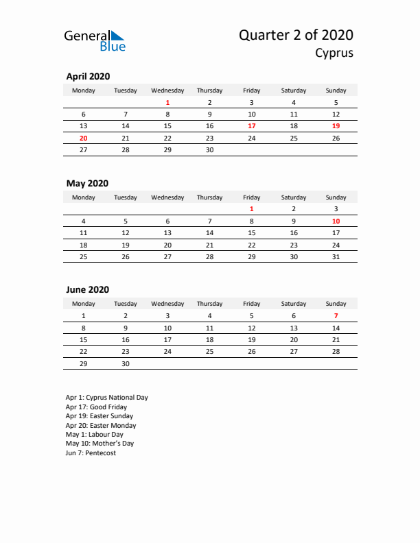 2020 Q2 Three-Month Calendar for Cyprus