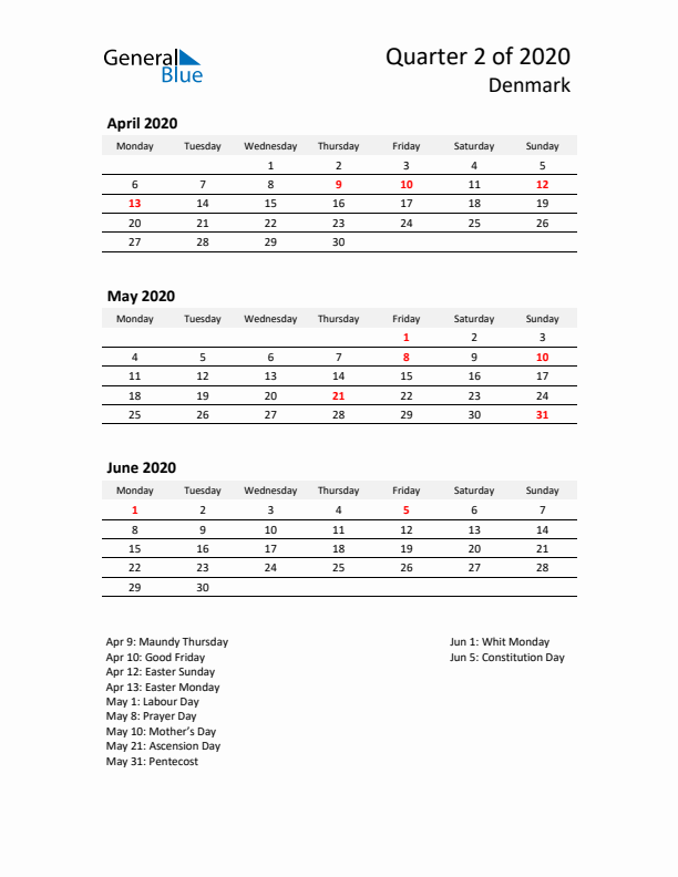 2020 Q2 Three-Month Calendar for Denmark