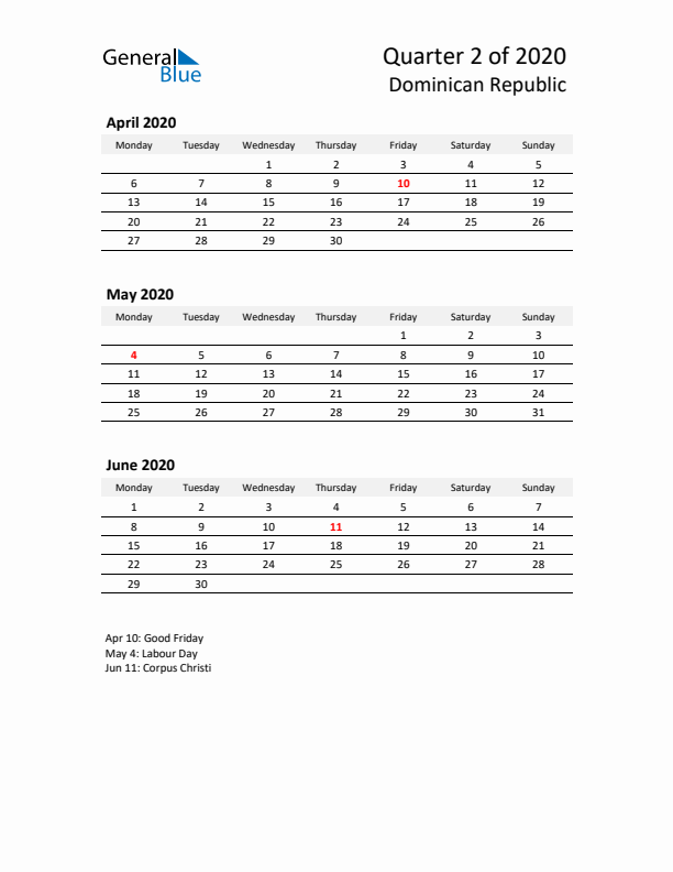 2020 Q2 Three-Month Calendar for Dominican Republic