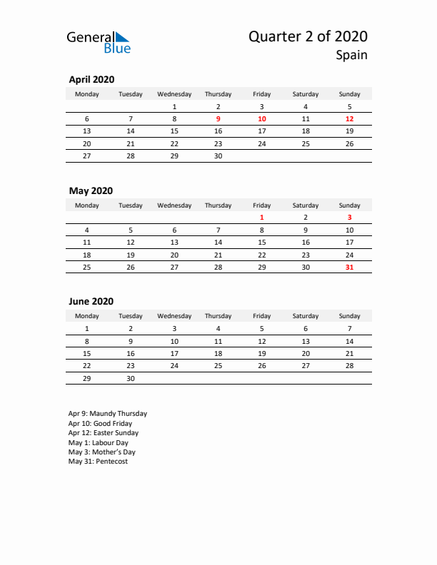 2020 Q2 Three-Month Calendar for Spain