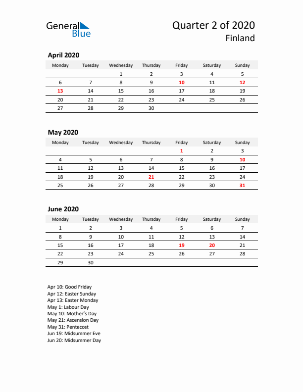 2020 Q2 Three-Month Calendar for Finland