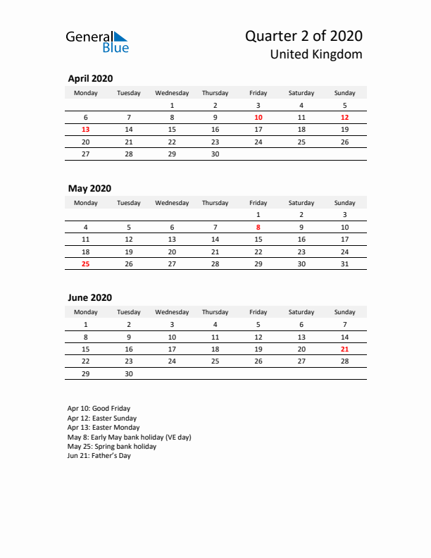 2020 Q2 Three-Month Calendar for United Kingdom