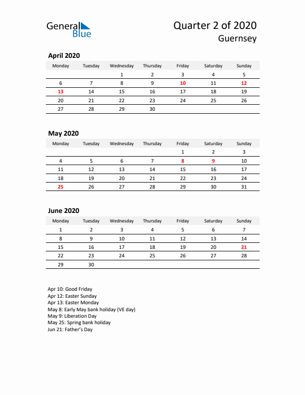 2020 Q2 Three-Month Calendar for Guernsey