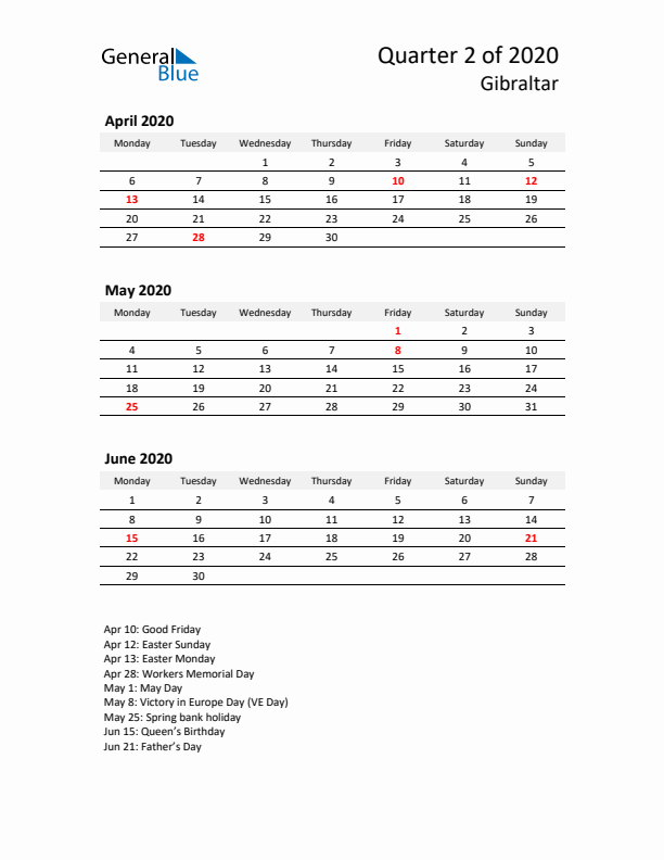 2020 Q2 Three-Month Calendar for Gibraltar