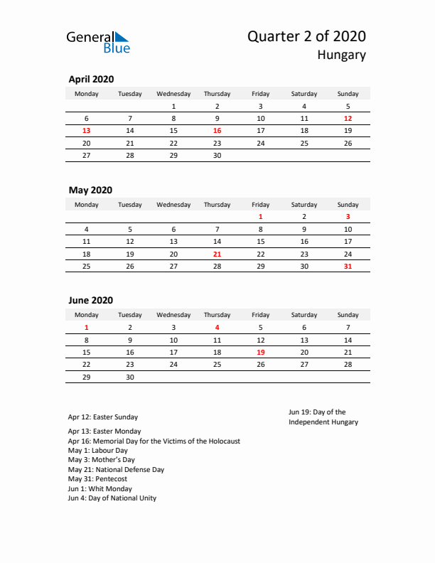 2020 Q2 Three-Month Calendar for Hungary