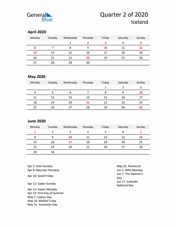 2020 Q2 Three-Month Calendar for Iceland