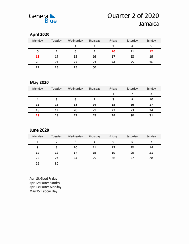 2020 Q2 Three-Month Calendar for Jamaica