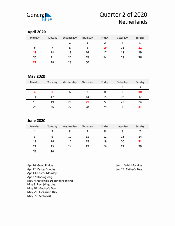 2020 Q2 Three-Month Calendar for The Netherlands