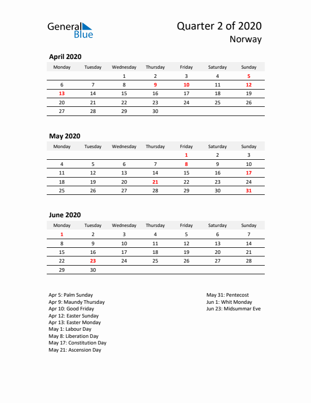 2020 Q2 Three-Month Calendar for Norway