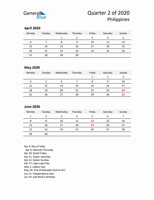 2020 Q2 Three-Month Calendar for Philippines