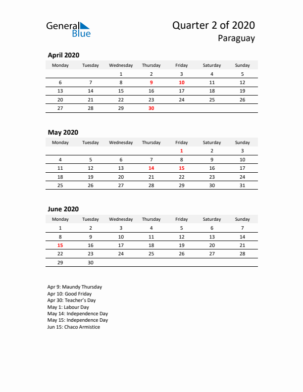 2020 Q2 Three-Month Calendar for Paraguay