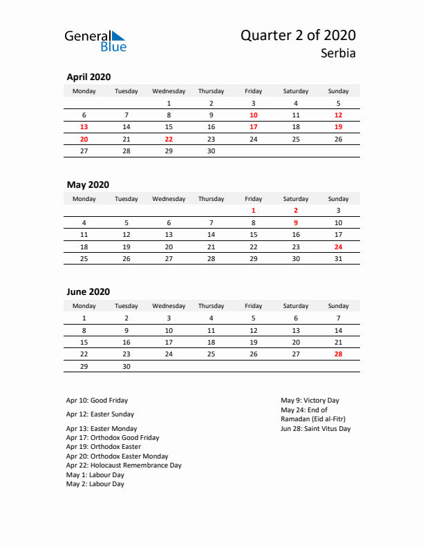 2020 Q2 Three-Month Calendar for Serbia