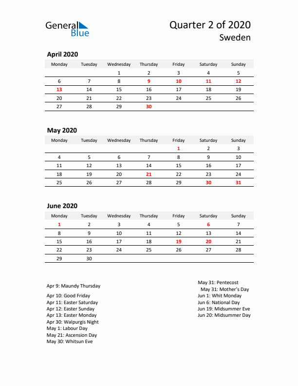 2020 Q2 Three-Month Calendar for Sweden