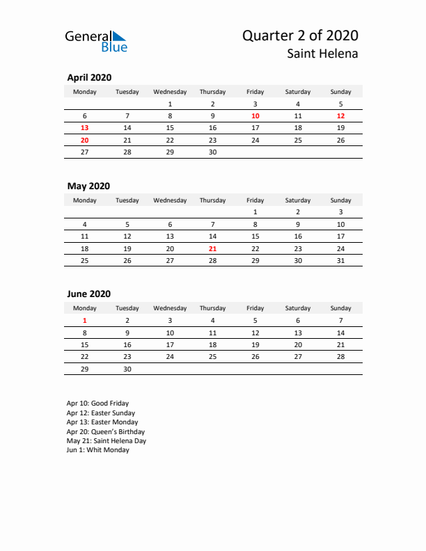 2020 Q2 Three-Month Calendar for Saint Helena