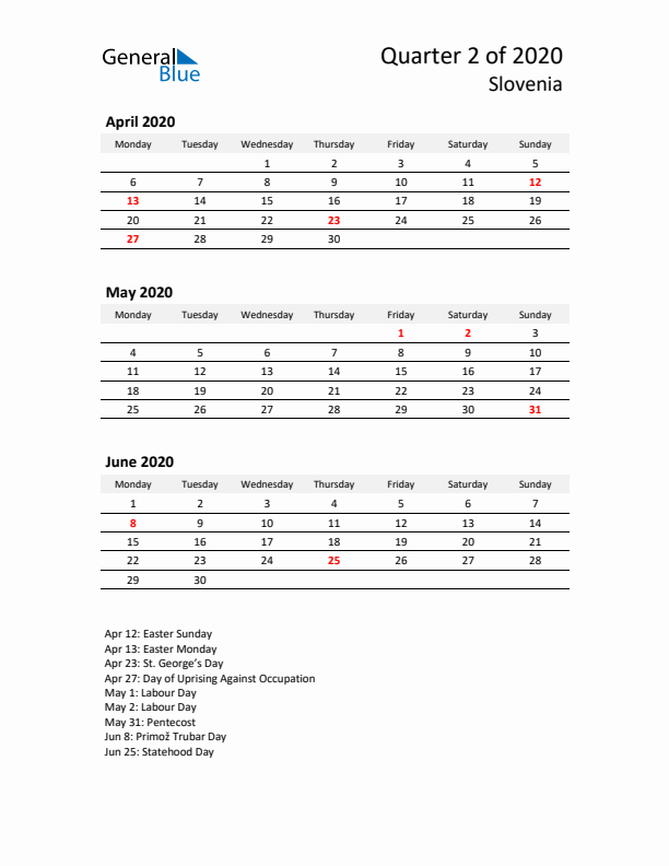 2020 Q2 Three-Month Calendar for Slovenia