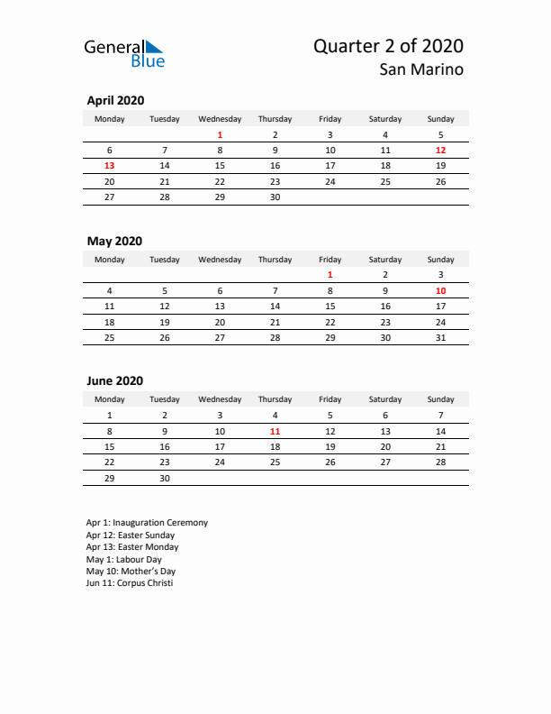 2020 Q2 Three-Month Calendar for San Marino