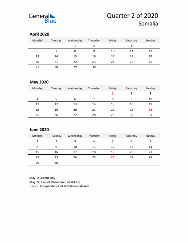 2020 Q2 Three-Month Calendar for Somalia